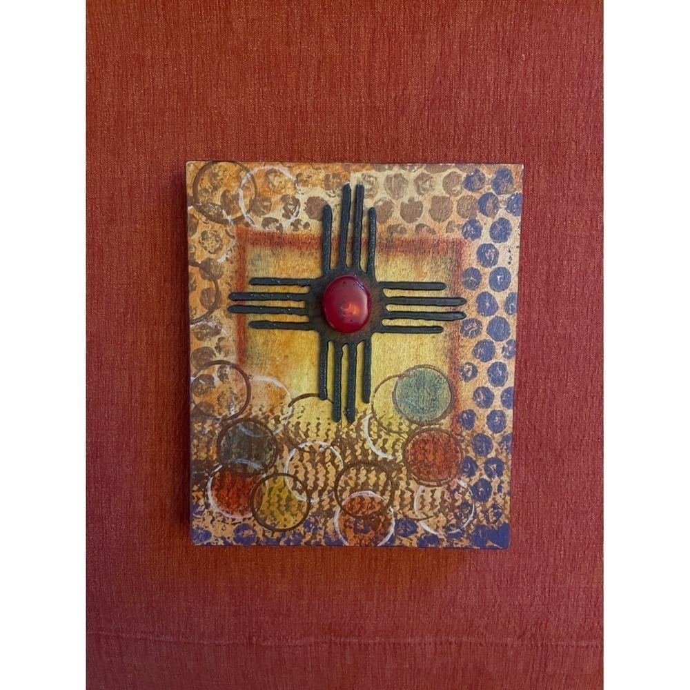 Native American Southwestern Wall Art Metal Gem Stone Painting on Wood 7x6 inch